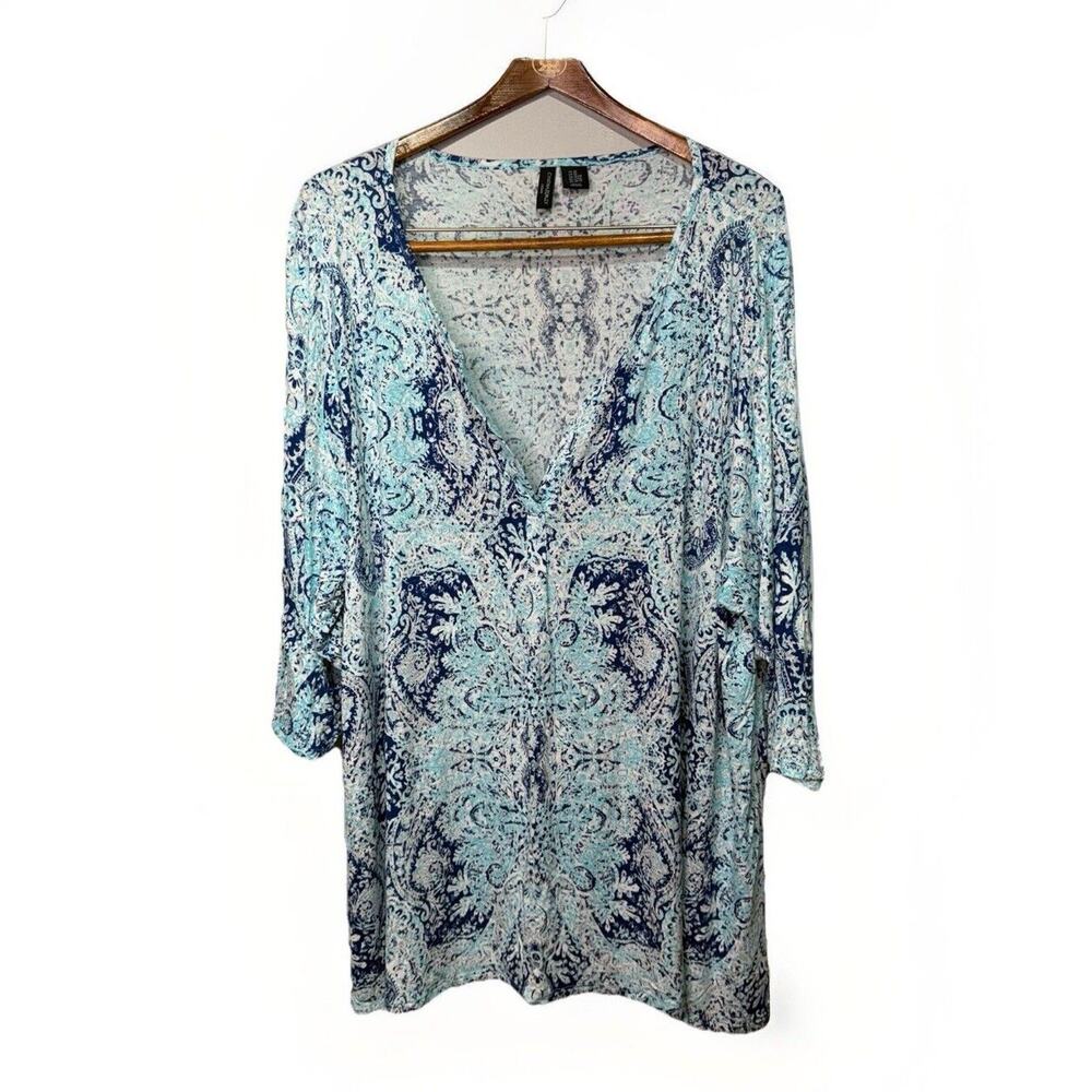 Cynthia Rowley Tunic Women’s Size 3X Blue & Aqua Paisley Blouse Lace Hem - Picture 4 of 7
